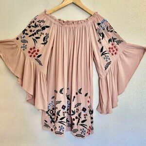 Umgee Dusty Rose flowy bell sleeves tunic Dress Embroidered Off Shoulder MED